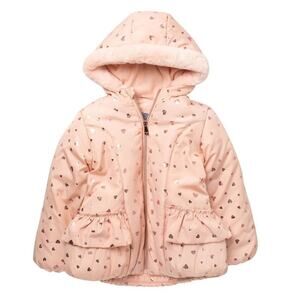 Kensie Girl Faux Fur Foil Heart Puffer Jacket in Light Pink